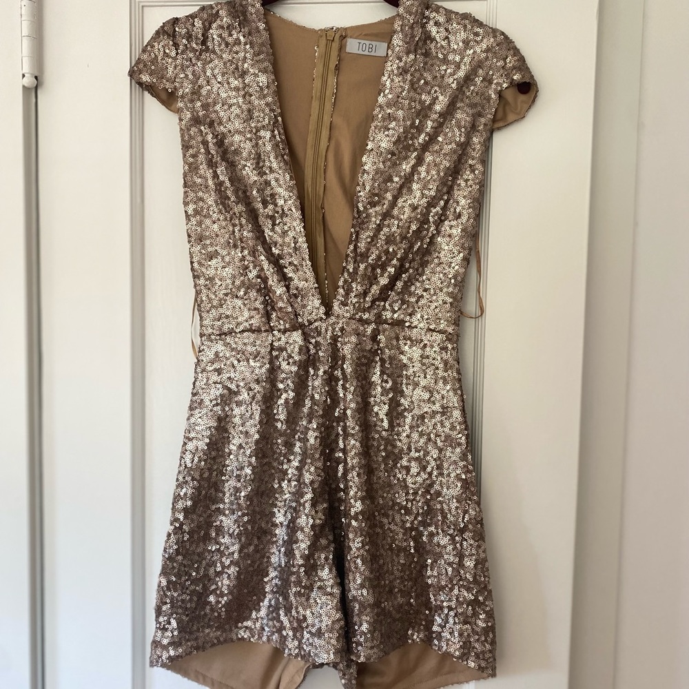 Tibi Gold Sequin Plunge Romper - image 2